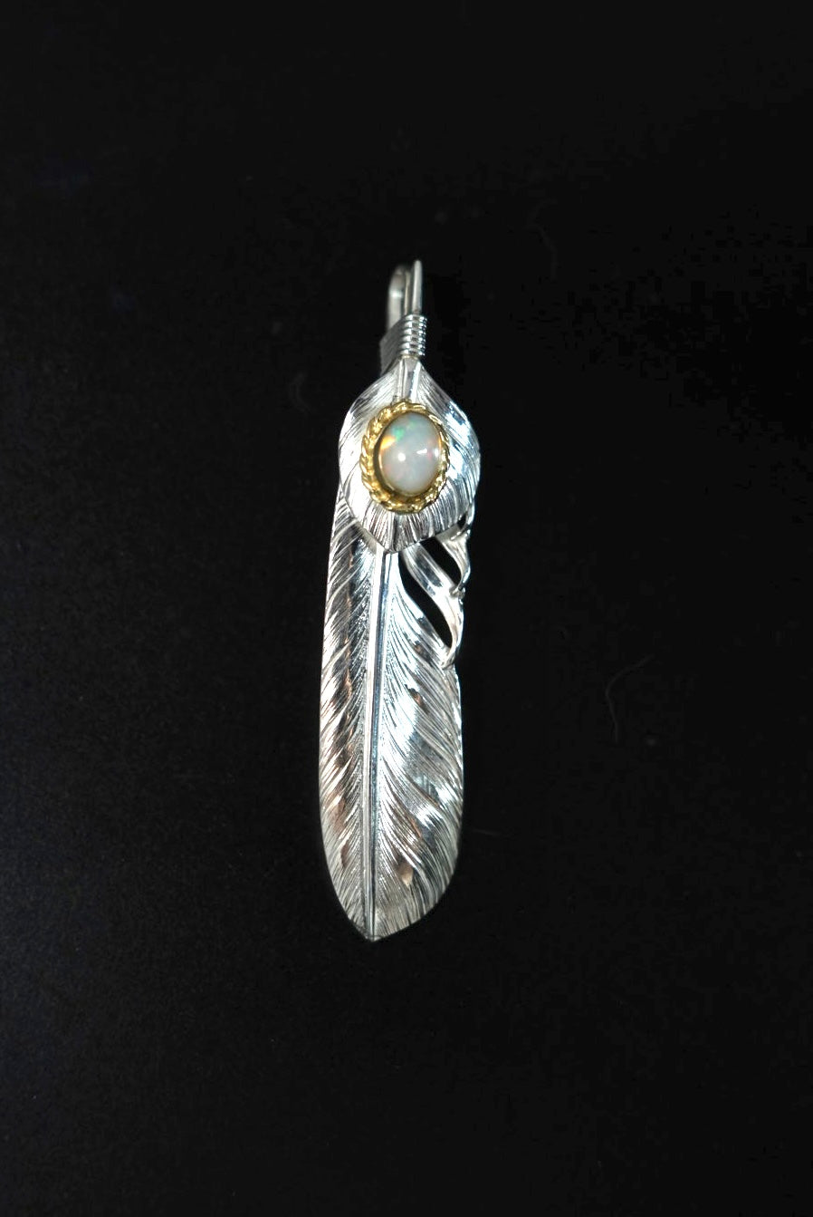 Albatory 18K Top Silver 18K Gold Cup Silver Feather Pendant L w/ Opal