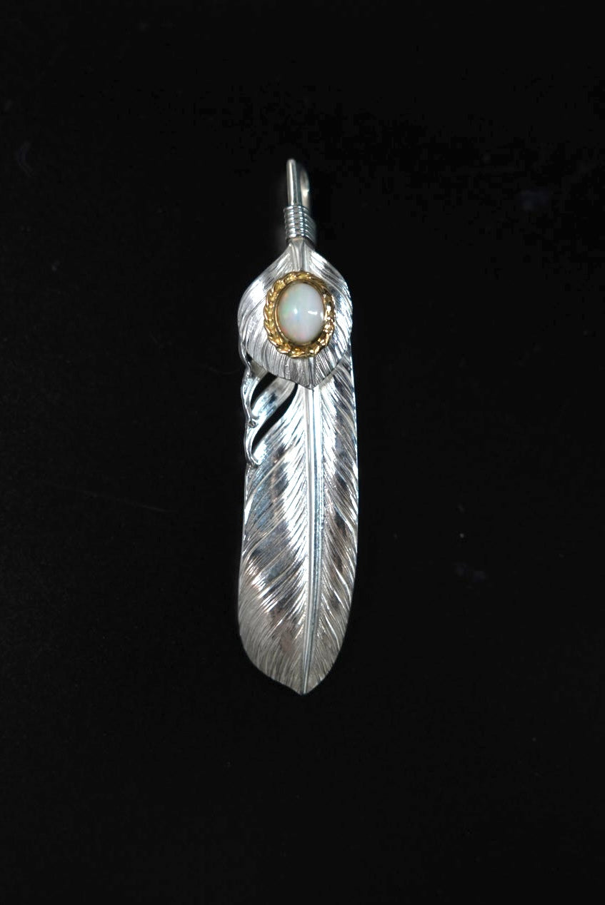 Albatory 18K Top Silver 18K Gold Cup Silver Feather Pendant L w/ Opal