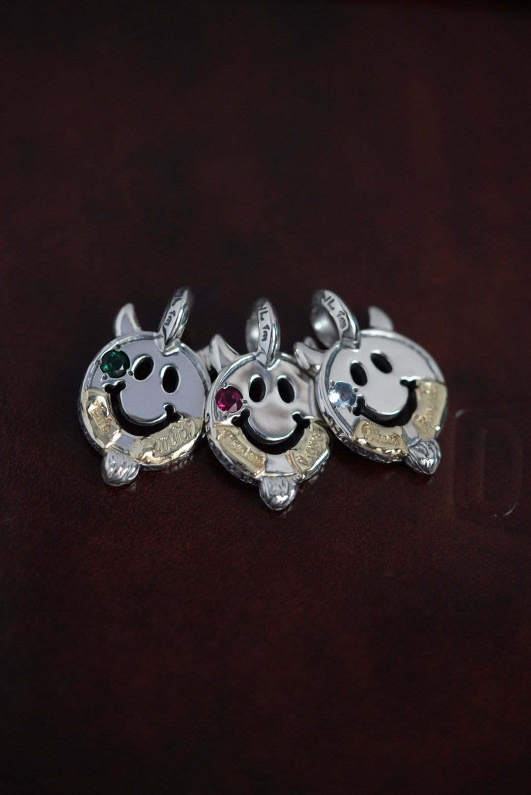 C367 Happy Face With Horns and Beard Charm w/ 4mm Stone w/ 2 Spots 18K Gold Overlay