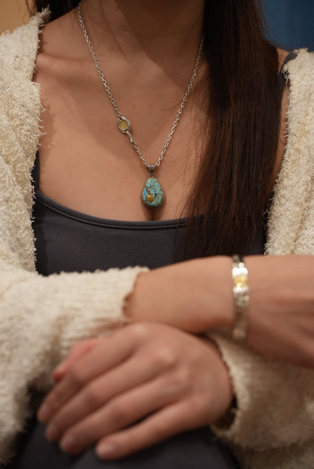 Silver Dollar Craft 18K Gold Point Indian Mountain Turquoise Pendant