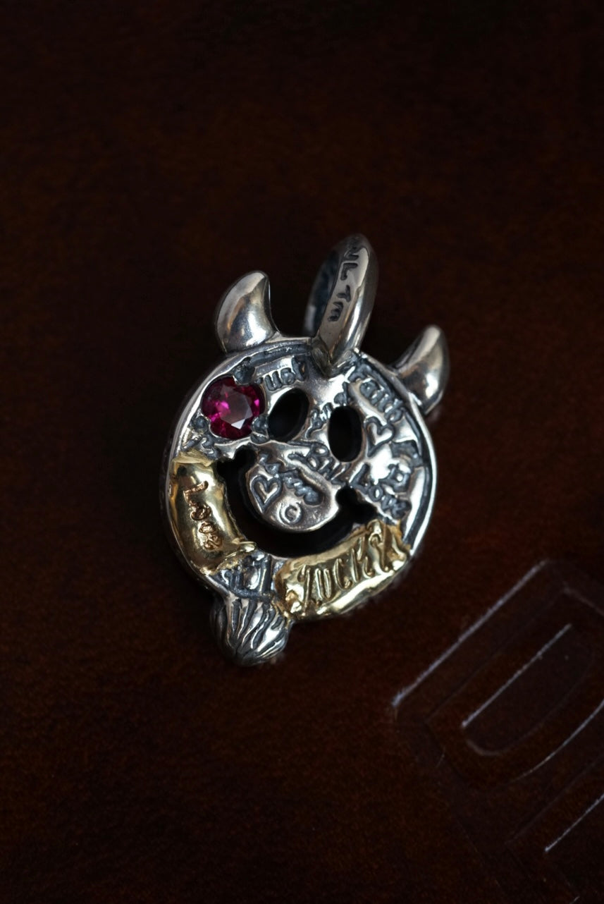 *Custom Made* C367GR-C Happy Face with Horns and Beard Charm w/4mm Stone Ruby w/2 Spots Gold Overlay w/2 Stamps