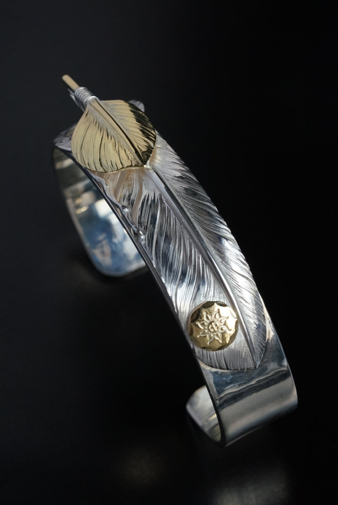 Albatory Silver Wheel 18K Top Gold 18K Gold Point Feather Bangle
