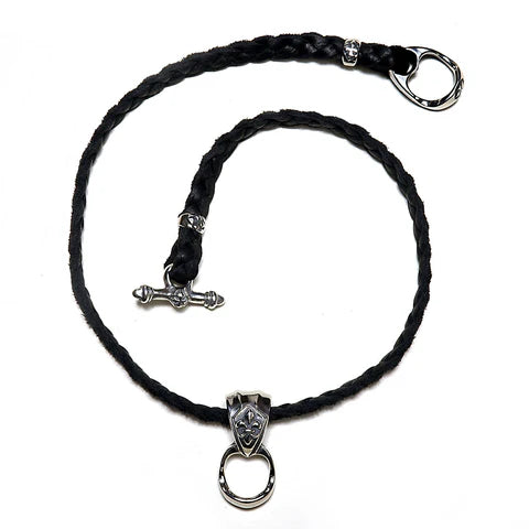 N874 Musician's Necklace-Leather Braid with Fleur de lis Slider