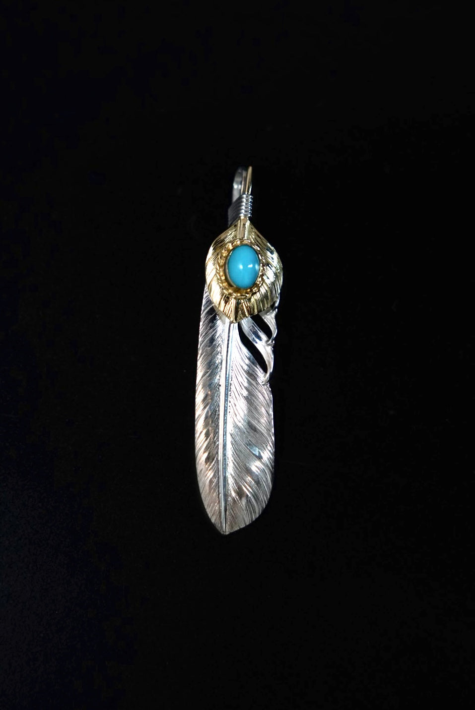 Albatory 18K Top Gold Gold Cup Silver Feather Pendant L w/ Turquoise