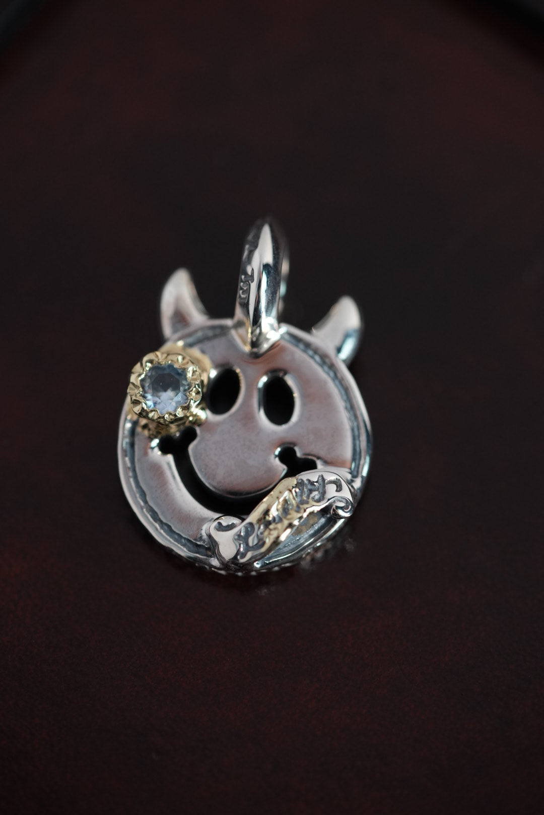 C375-C Happy Face with Horns Charm w/18K Gold Cup w/Stone w/1 Spot Gold Overlay Silver Part