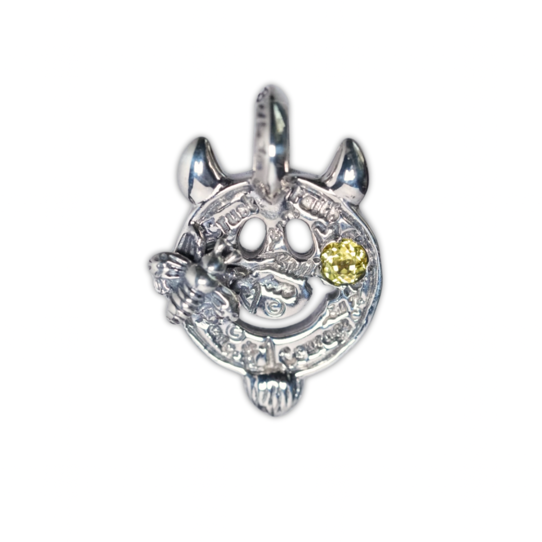 C367GR 30th Anniversary Graffiti Happy Face with Horns and Beard Charm w/ Silver Small Bee w/ 4mm Stone Yellow Topaz On Right Cheek
