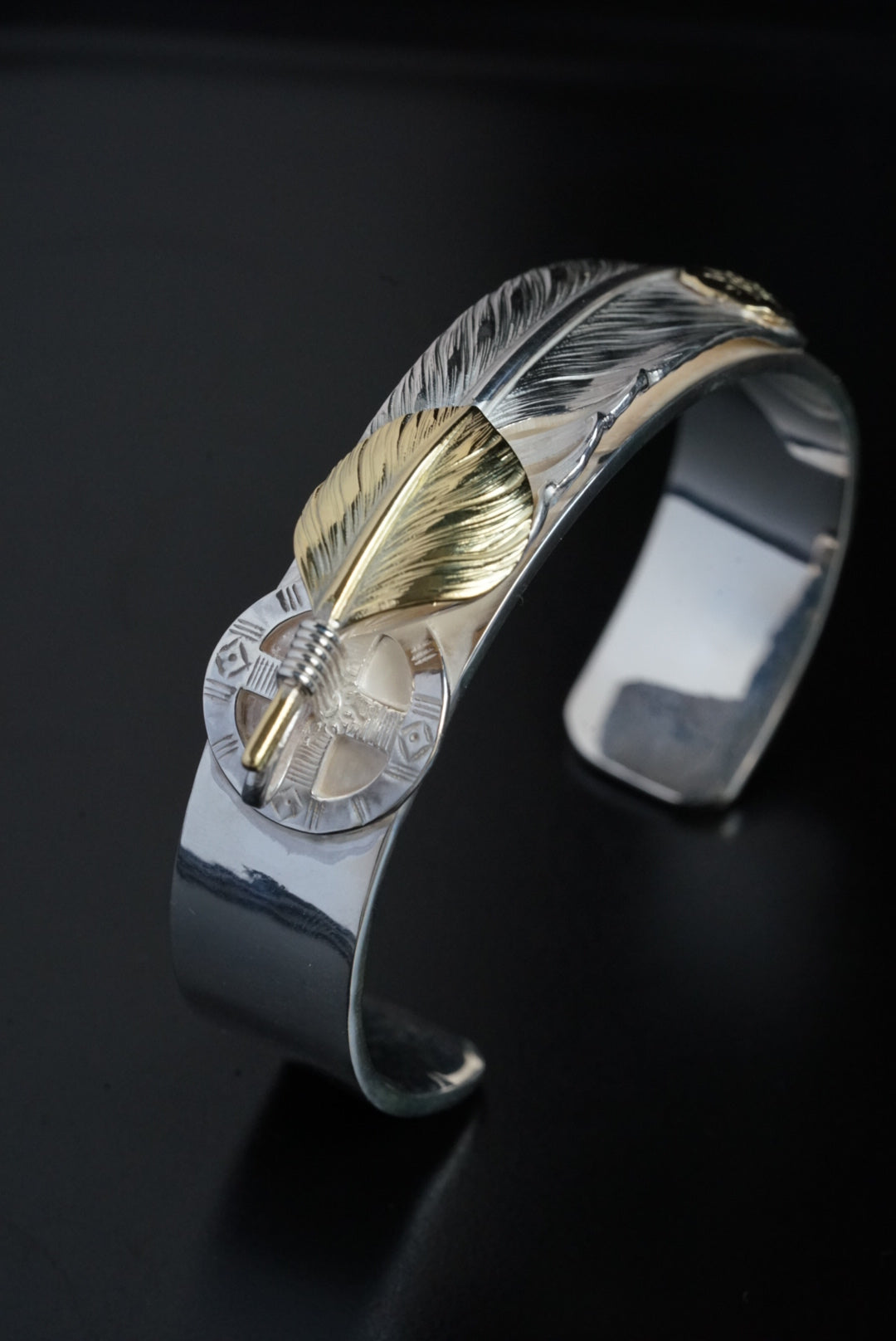 Albatory Silver Wheel 18K Top Gold 18K Gold Point Feather Bangle