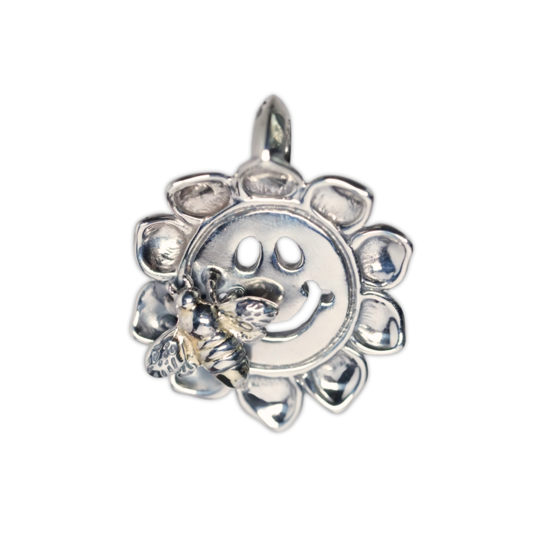 C389 Sunflower Happy Face Charm w/ Silver Medium Bee w/ 2 Spots Gold Overlay