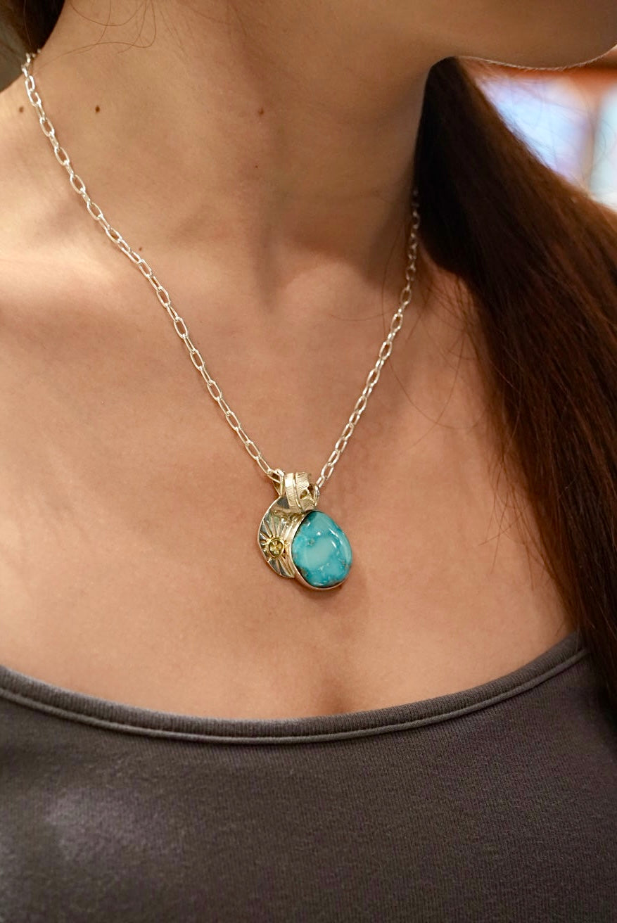 Silver Dollar Craft Morenci Turquoise w/18K Gold Point Arabesque Metal w/Silver Anchor Chain Set
