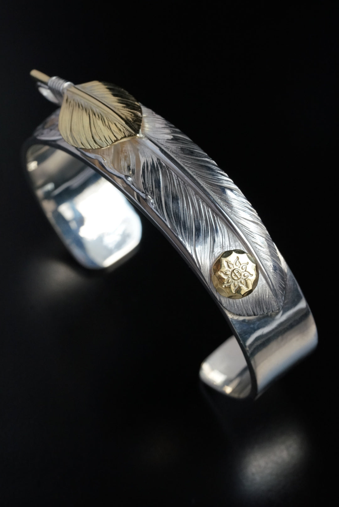 Albatory Silver Wheel 18K Top Gold 18K Gold Point Feather Bangle