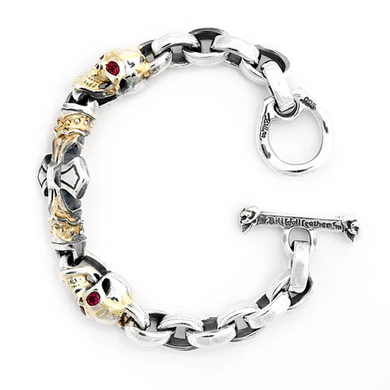 BWL - B584 Chain Link w/2 Vintage Skulls (eyes), Vintage Cross (18ky solder) Bracelet 1