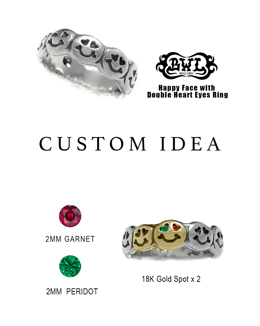 BWL -*Custom Made* R482 Happy Face with Double Heart Eyes Ring w/ 2 Spots Gold Overlay w/ 2 Stones 3
