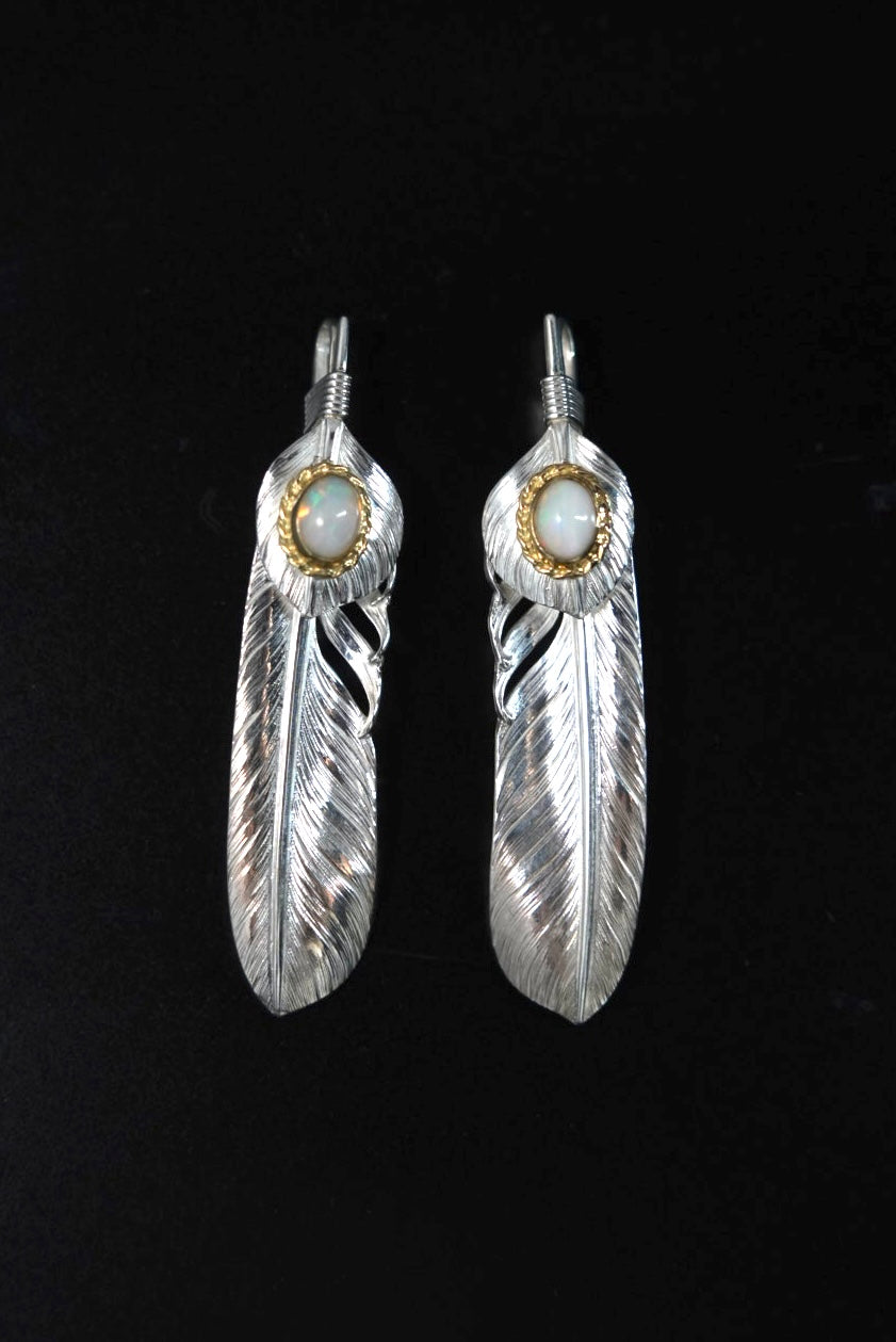 Albatory 18K Top Silver 18K Gold Cup Silver Feather Pendant L w/ Opal