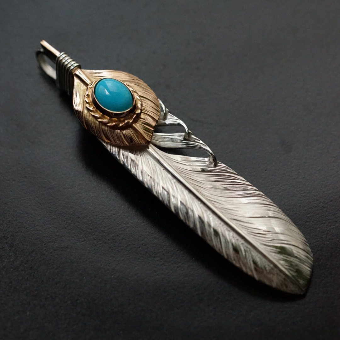Albatory Top 18K RG 18K RG Cup Silver Feather Pendant L W/Turquoise