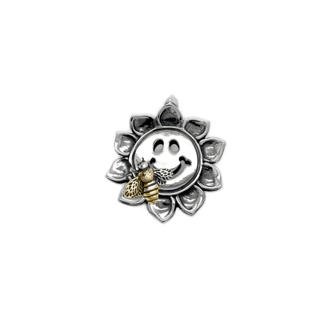 C389 Sunflower Happy Face Charm w/ Silver Medium Bee w/ 2 Spots Gold Overlay