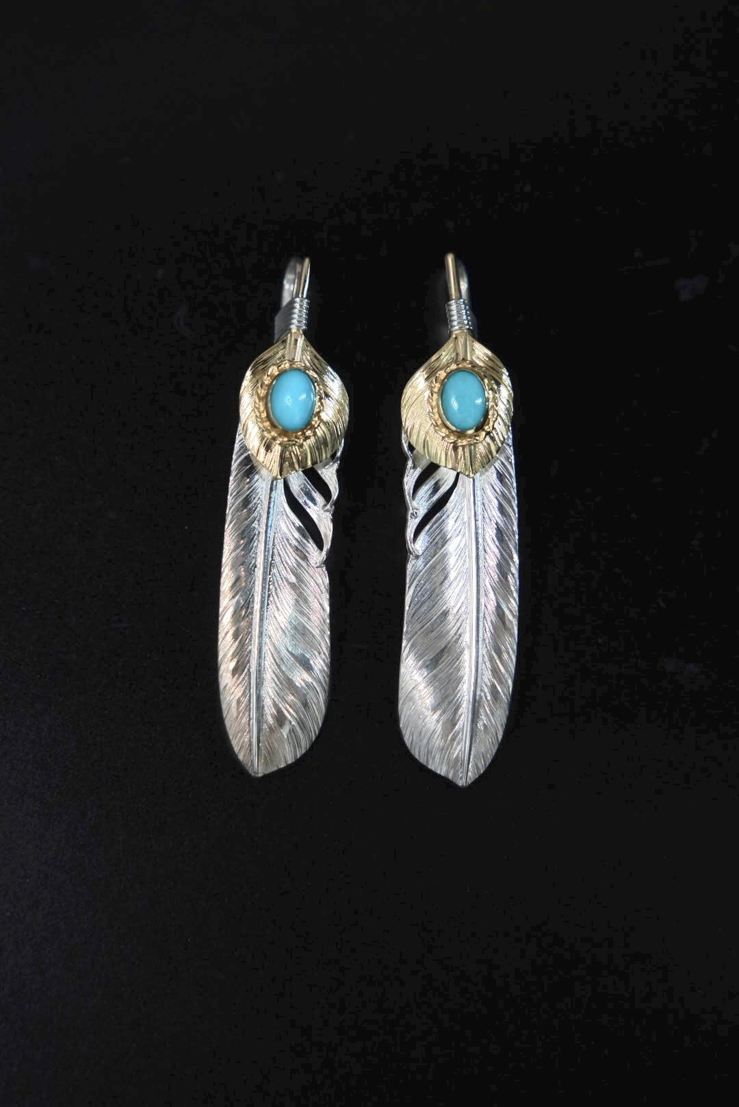 Albatory 18K Top Gold Gold Cup Silver Feather Pendant L w/ Turquoise