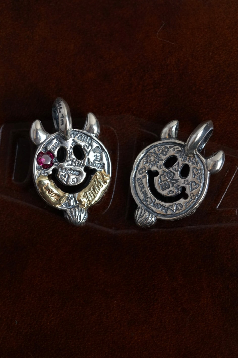 *Custom Made* C367GR-C Happy Face with Horns and Beard Charm w/4mm Stone Ruby w/2 Spots Gold Overlay w/2 Stamps