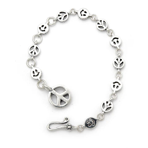 B558HPP Alternating Small Happy Face and Peace Sign Links with Peace Fob Bracelet