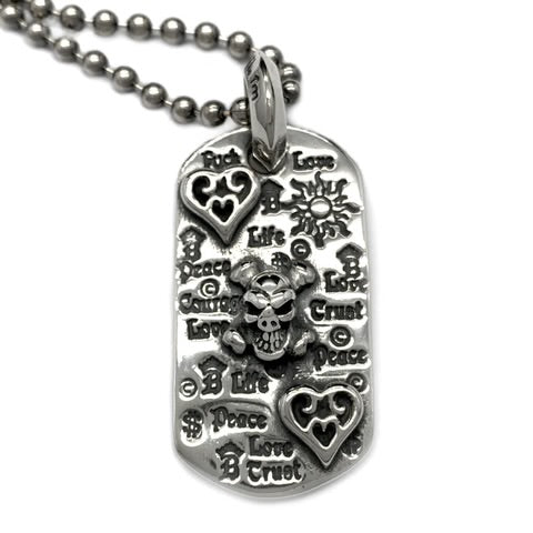 DT637 Graffiti Dog Tag with 2 Hearts, Skull, Crossbones and Ball Chain