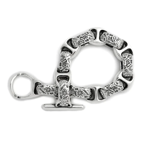 B564 Alternating Large Boat and Graffiti Links Bracelet