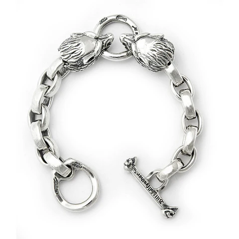 B593 2 Wolves Bracelet with Ring and Chain Links