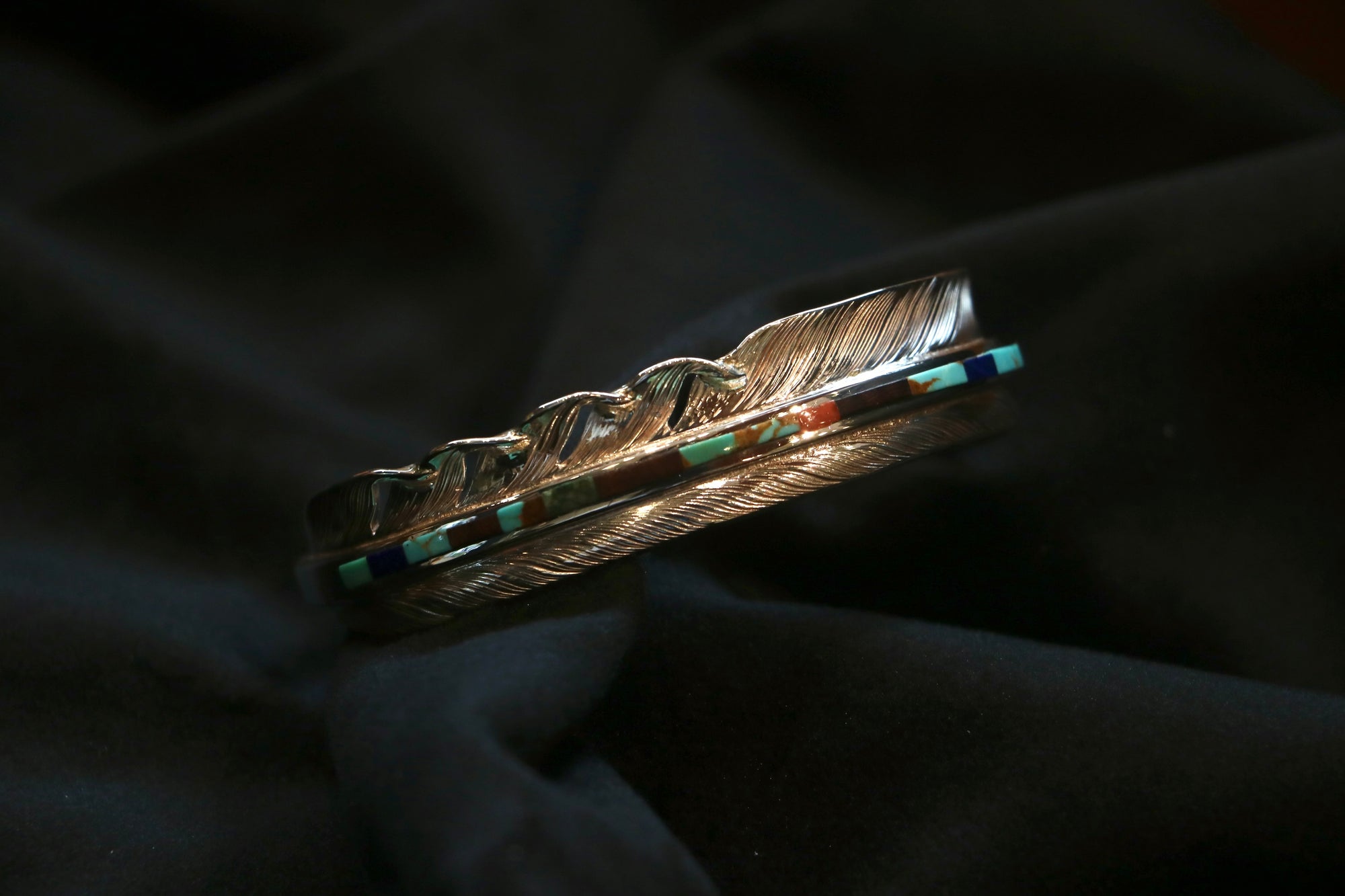 高瀬豪太 Sunshine Studio - Silver Feather Bangle Turquoise Inlay_2