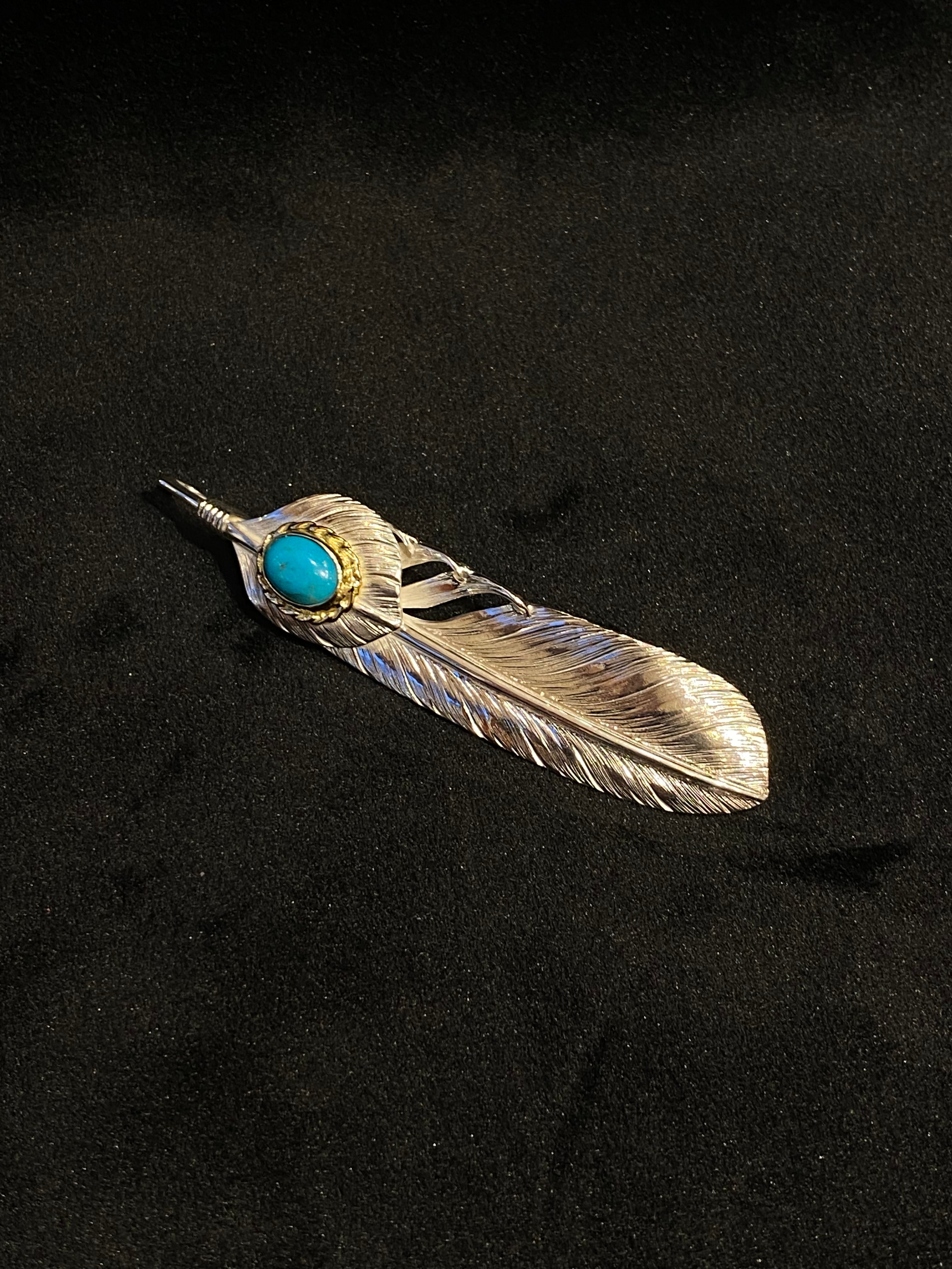 Albatory Top Silver 18Kt Gold Cup Silver Feather Pendant L W/ Turquoise