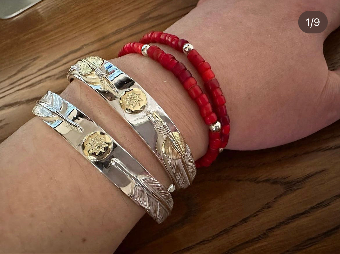 Albatory Double 18K top gold Silver Feather 18K Gold Point Bangle