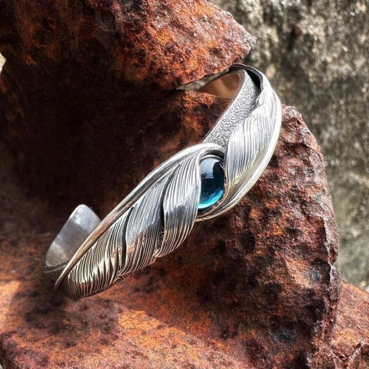Nine Metal 925 Silver Double Twist Feather Bangle w/ Blue Topaz or Turquoise