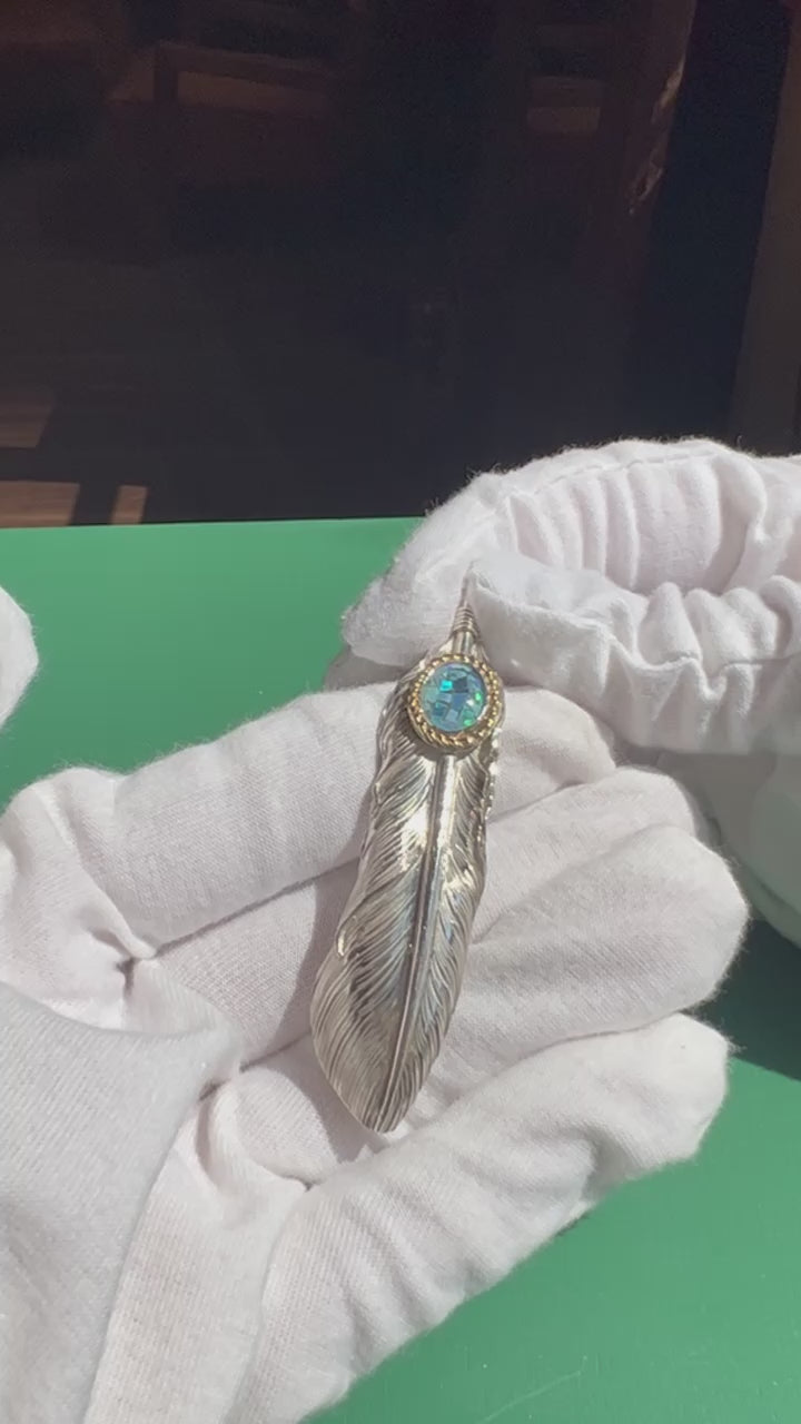 Nine Metal 18K Gold Cup Silver Feather Pendant w/ Mosaic Opal