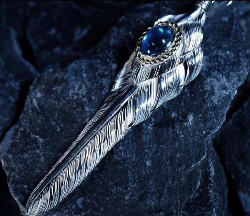 Nine Metal Top Silver 18K Gold Cup Kazekiri Feather Pendant w/ Blue Topaz