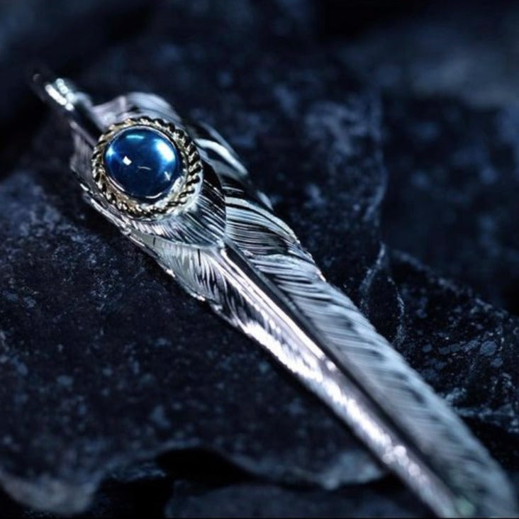 Nine Metal Top Silver 18K Gold Cup Kazekiri Feather Pendant w/ Blue Topaz