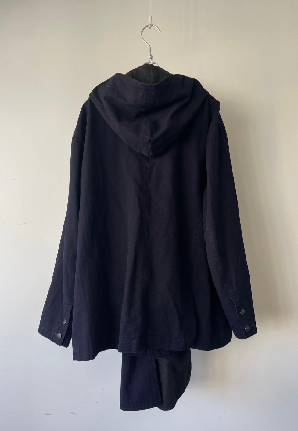 DENIM PATCHWORK SHAWL LAPEL KIMONO SUIT WITH DETACHABLE HOODIE