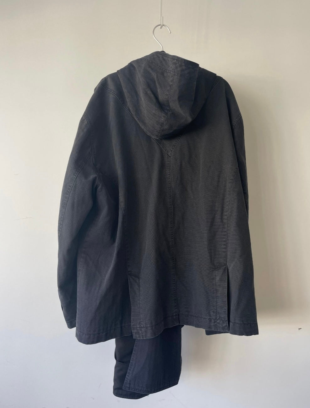 DENIM PATCHWORK SHAWL LAPEL KIMONO SUIT WITH DETACHABLE HOODIE