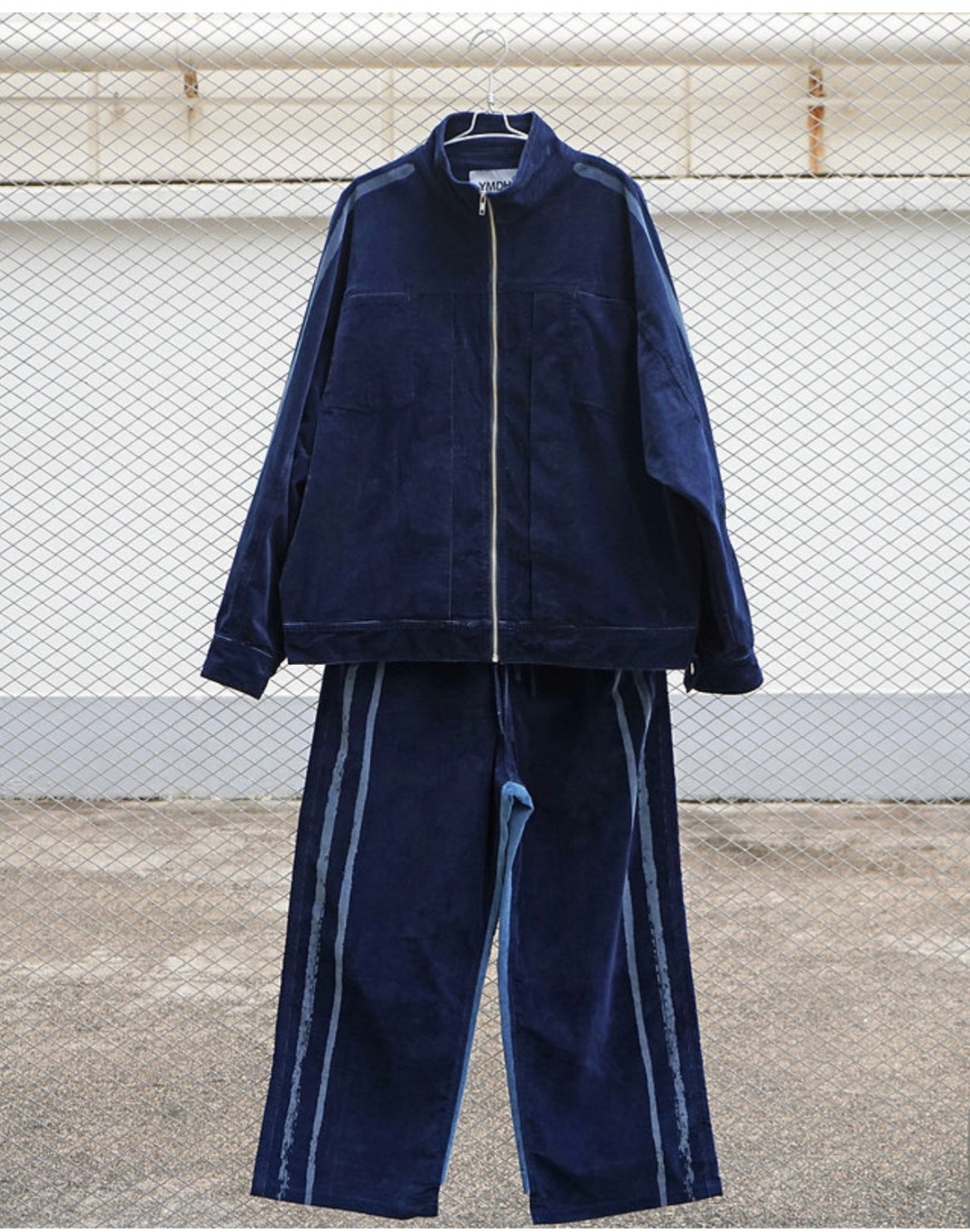 CALLIGRAPHY LASER PRINT DENIM VELVET DECONSTRUCTED TRACK-PANTS