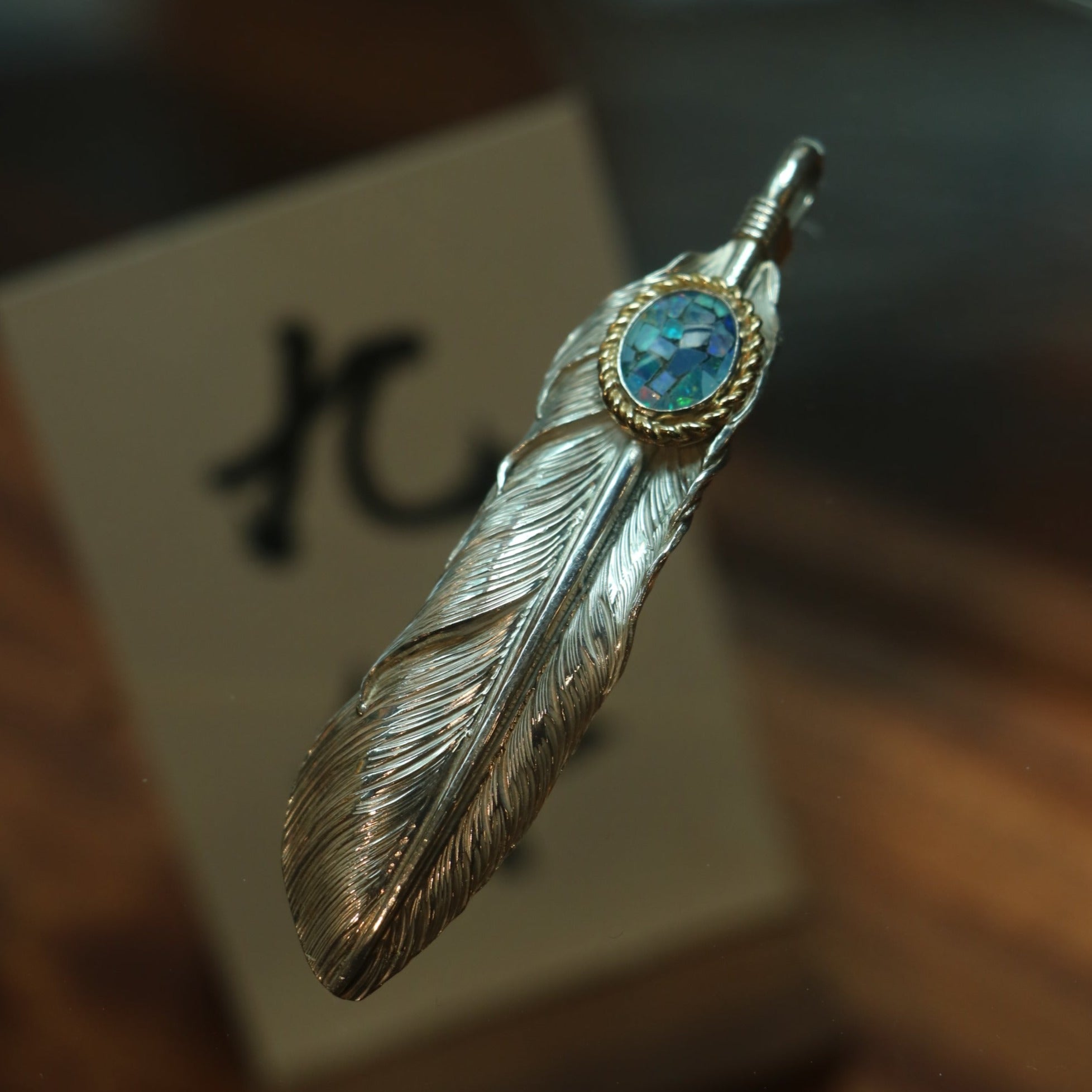 Nine Metal 18K Gold Cup Silver Feather Pendant w/ Mosaic Opal
