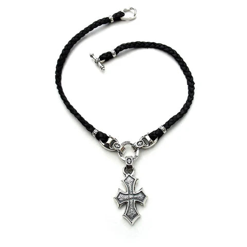 N850 Musician&#39;s Necklace-Leather Braid with &quot;C&quot; Cross Crimps and Medallion