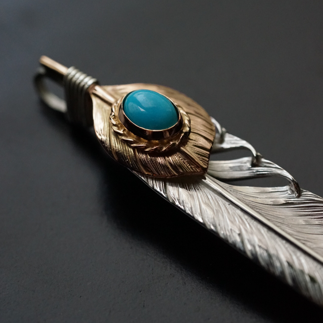 Albatory Top 18K RG 18K RG Cup Silver Feather Pendant L W/Turquoise