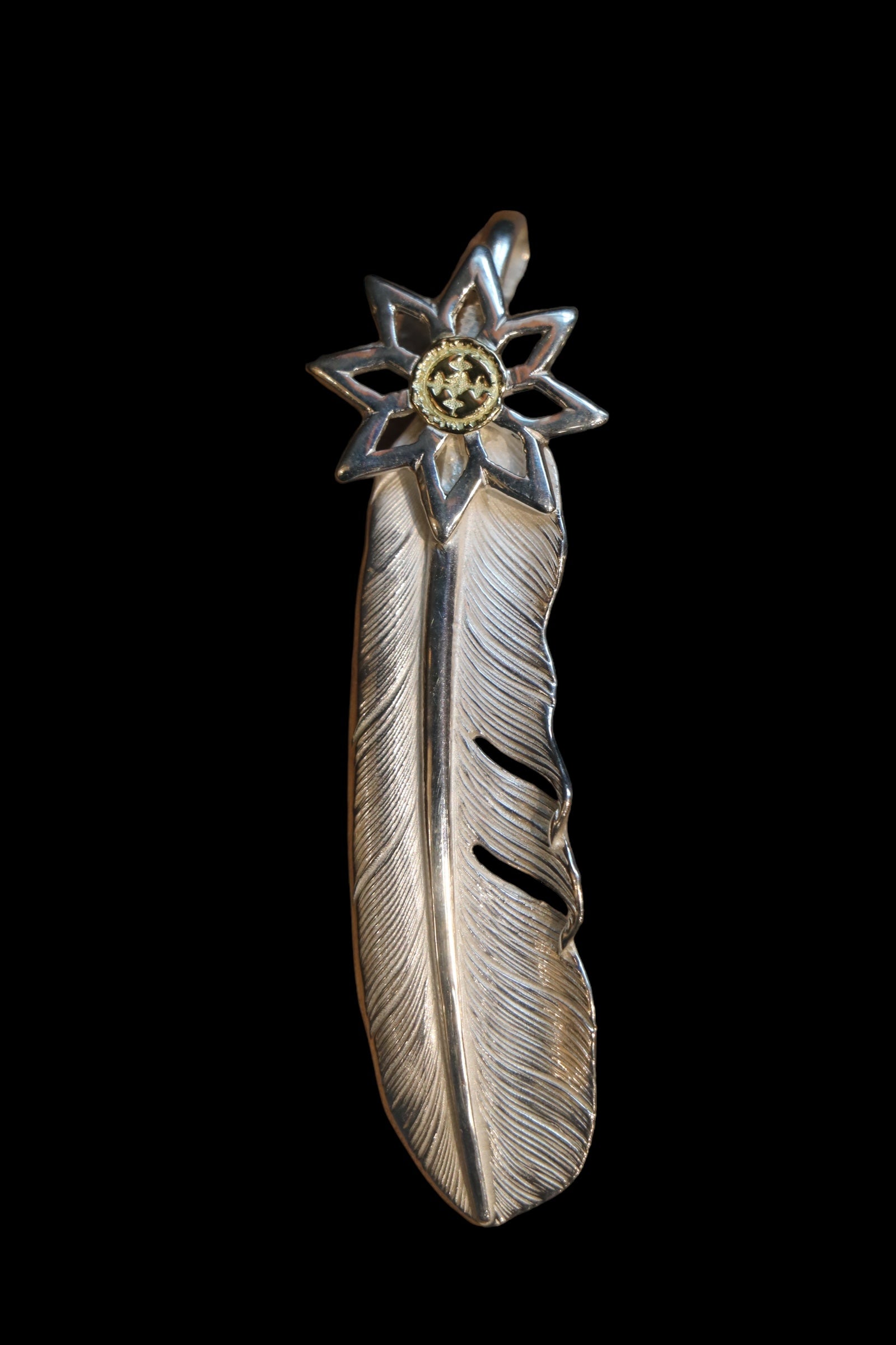 18K Gold Point Silver Morning Star Feather L
