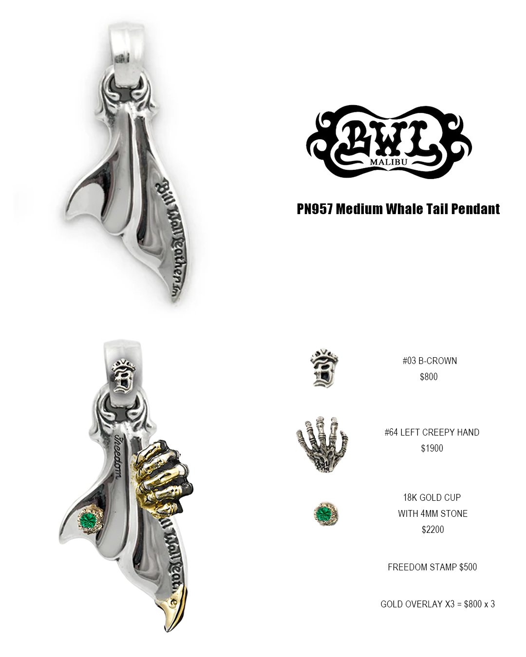 *Custom Made* PN957 Medium Whale Tail Pendant Custom w/B-Crown Silver Parts w/Creepy Hand Skull Silver Parts w/Freedom Stamp w/18K Gold Cap 4mm Stone Emerald w/3 Spots Gold Overlay