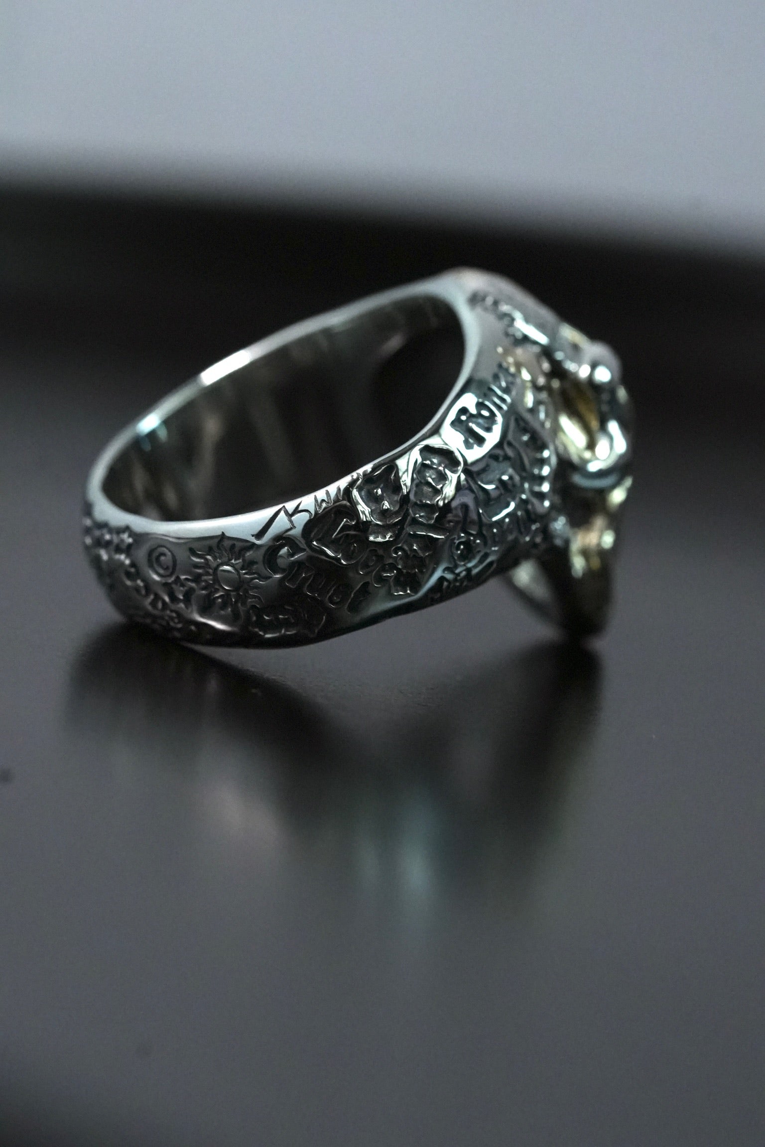 *Custom Made* R310GRS 35th Anniversary Graffiti Small Good Luck Skull Ring with Stone Eyes Custom w/7 Spots Gold Overlay w/ 3mm Stone w/Silver Blaze