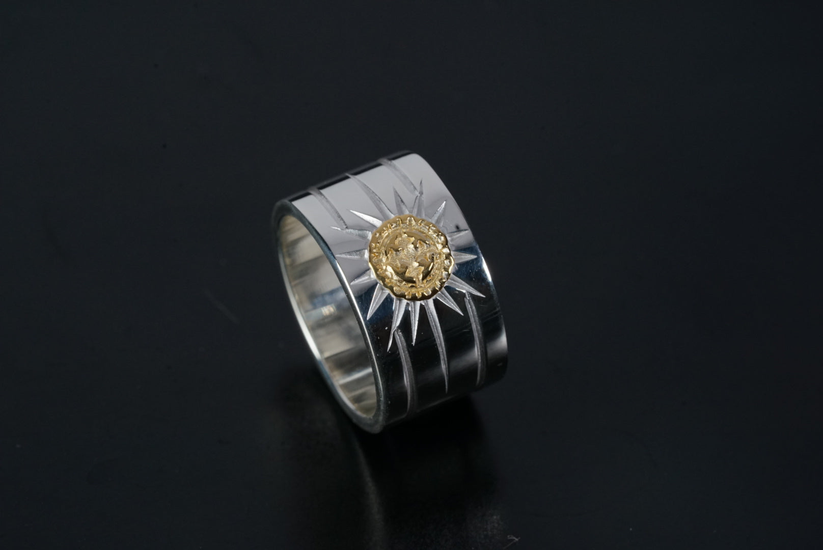 12mm 24K Gold Point Radiation Double Line Flat Ring