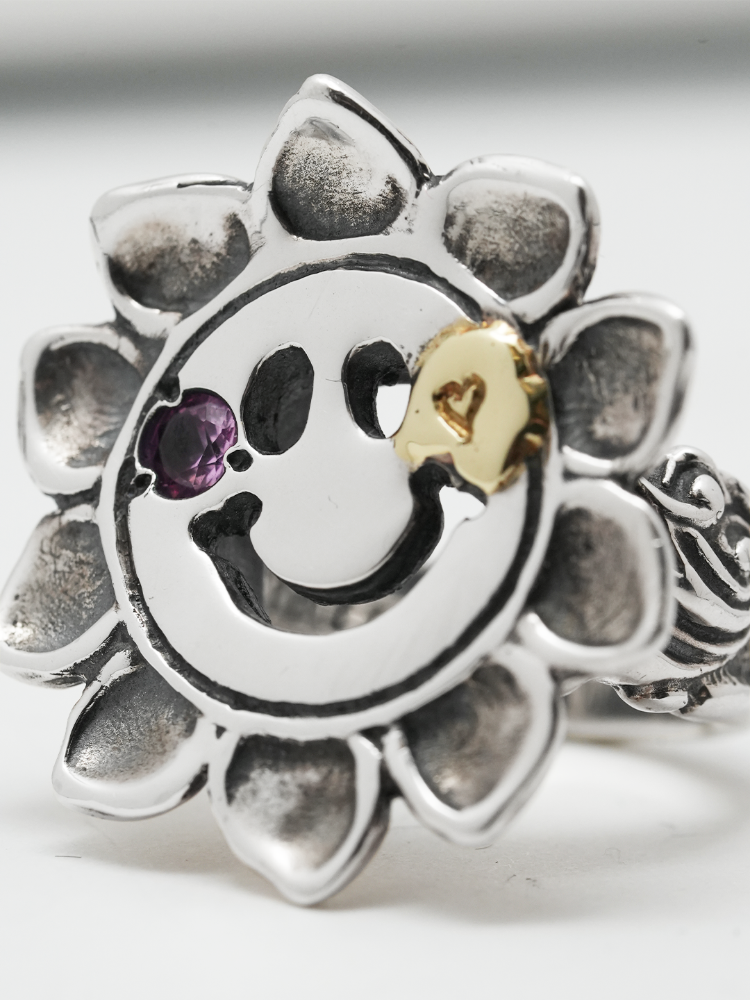 Ring R472 *Custom Made* R472 Happy Face Sunflower Ring w/1 Spot Gold Overlay w/2 ...