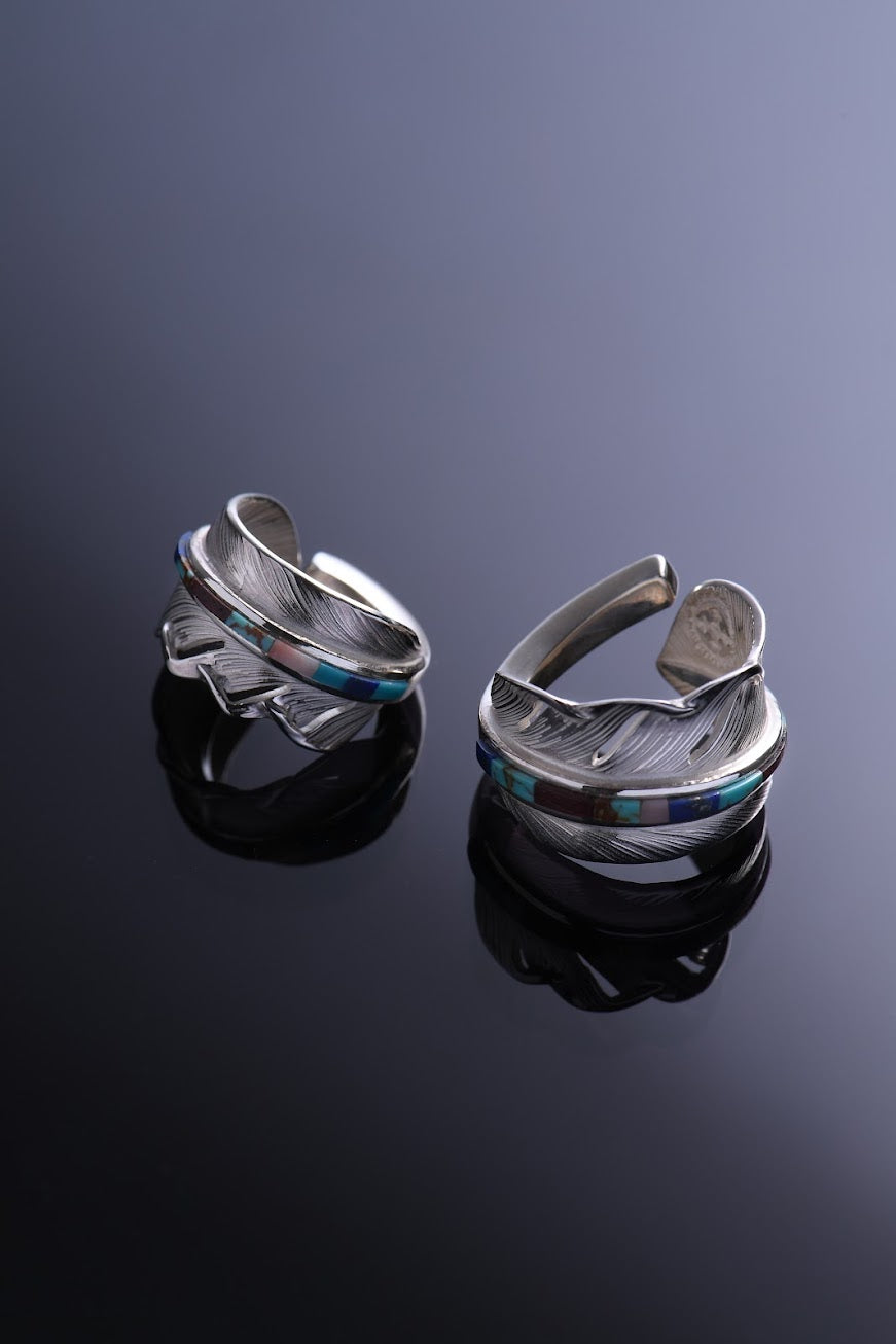 Silver Feather Ring S Turquoise Inlay