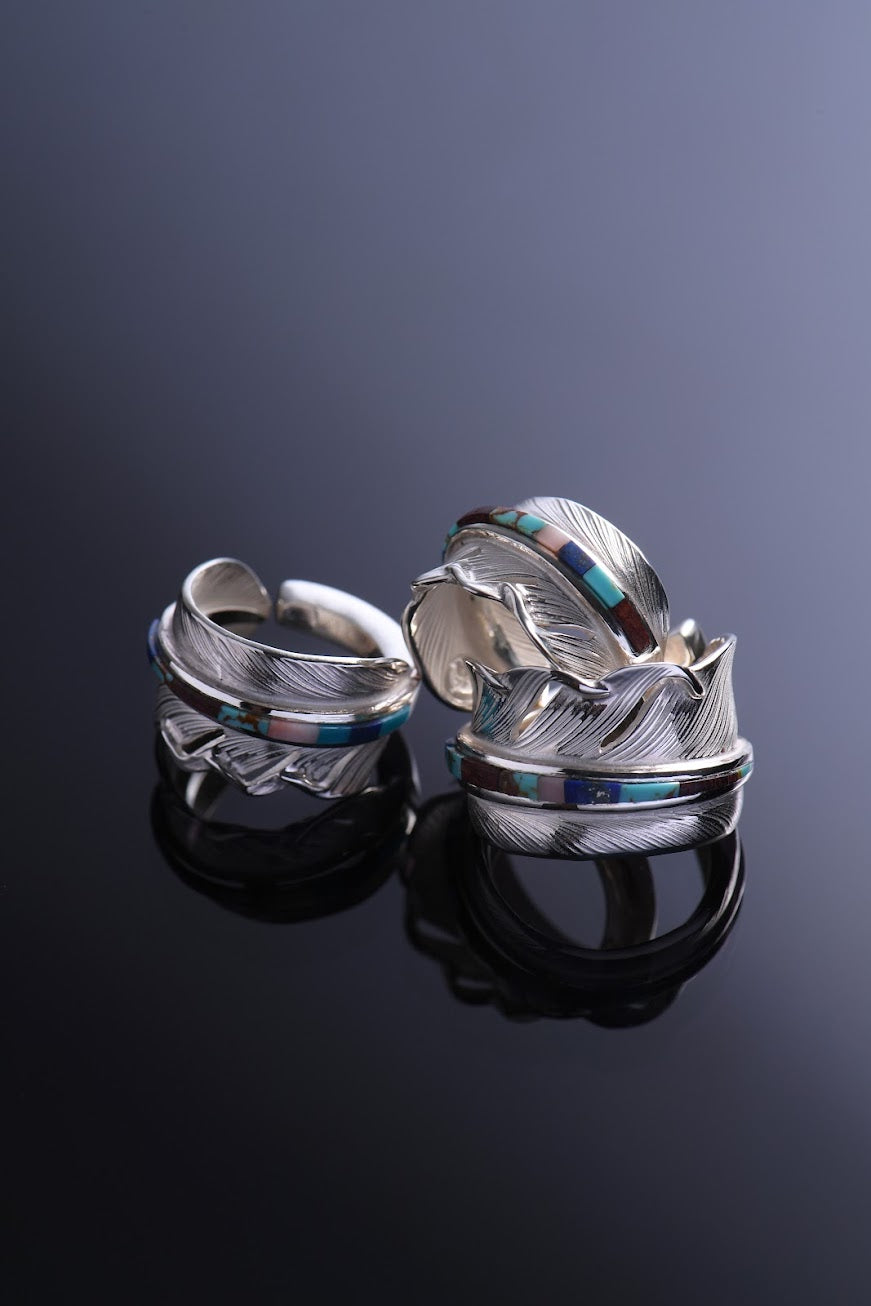 Silver Feather Ring S Turquoise Inlay