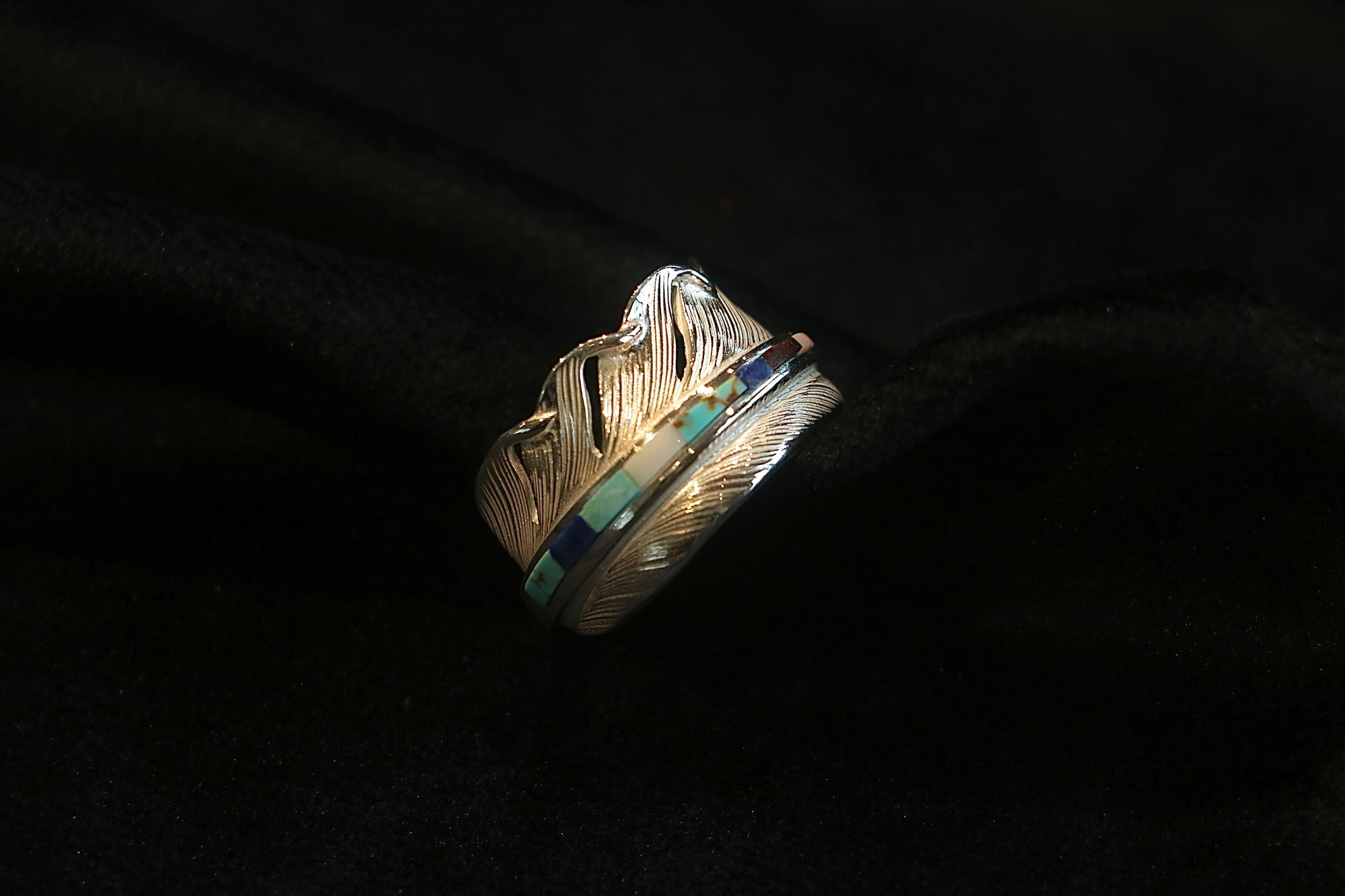 Silver Feather Ring S Turquoise Inlay