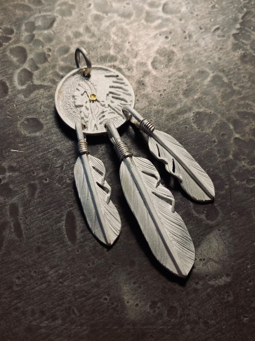 Indian Face Dreamcatcher w/ Triple Silver Feather S