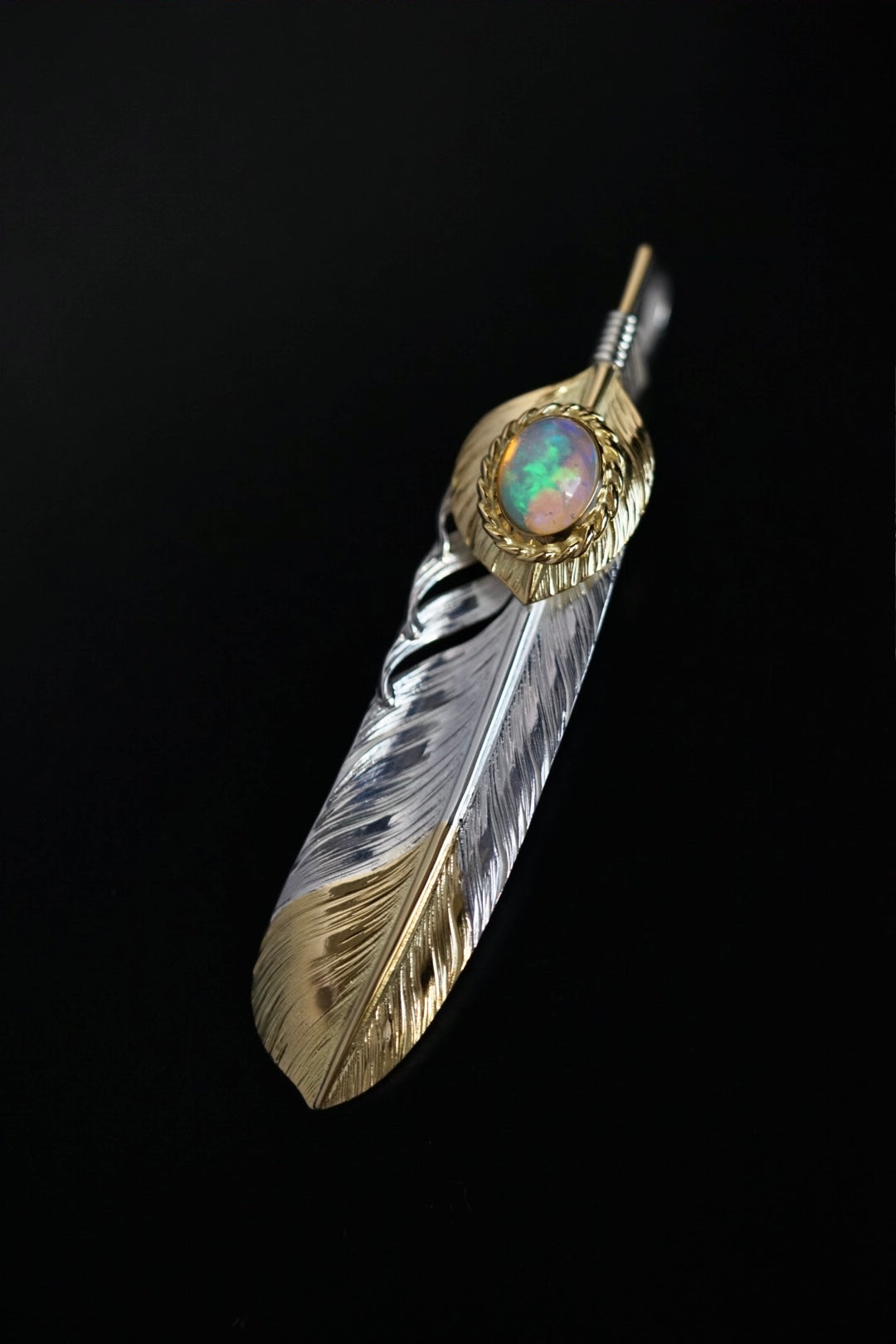 Albatory 18K Top Gold Gold Cup Tip Silver Feather Pendant L w/ Opal