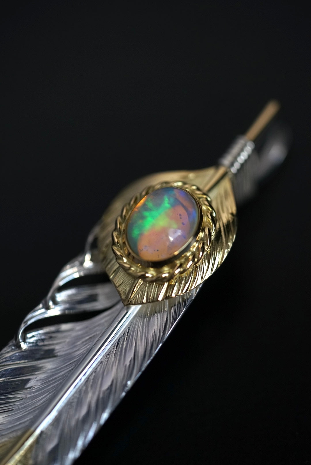 Albatory 18K Top Gold Gold Cup Tip Silver Feather Pendant L w/ Opal
