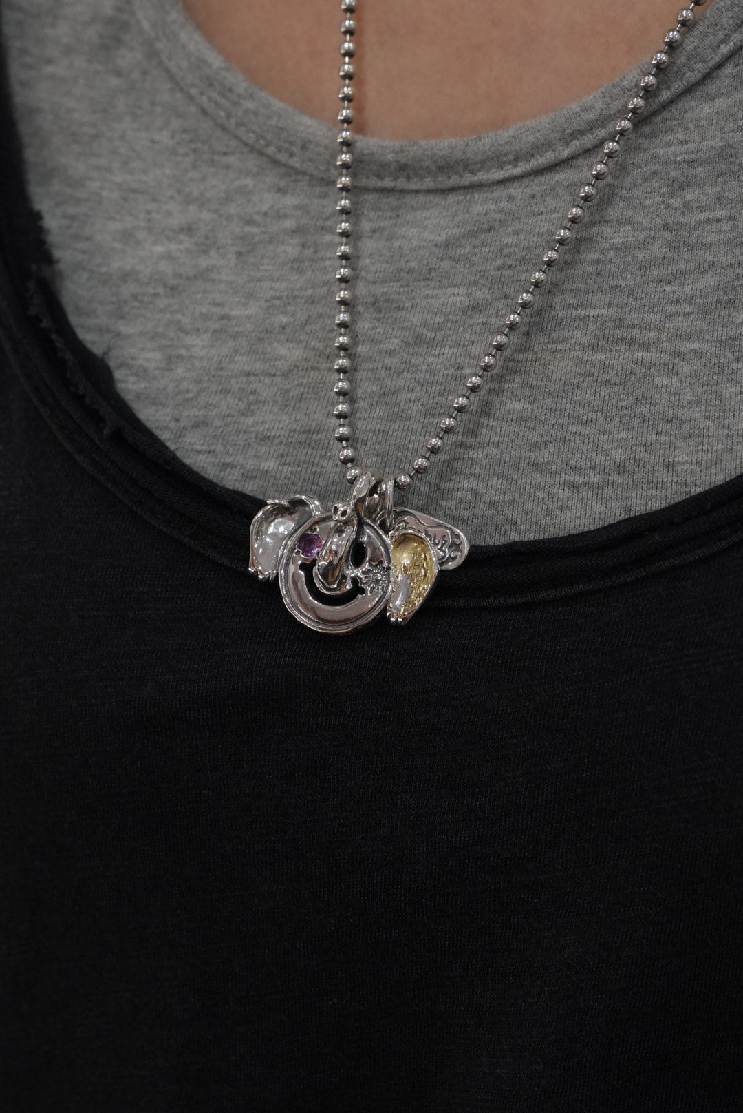 BWL-C390C Elephant Happy Face Charm w 18K Gold Overlay w 4mm Pink Tourmaline Stone w Stamp Sun w Silver Circle5